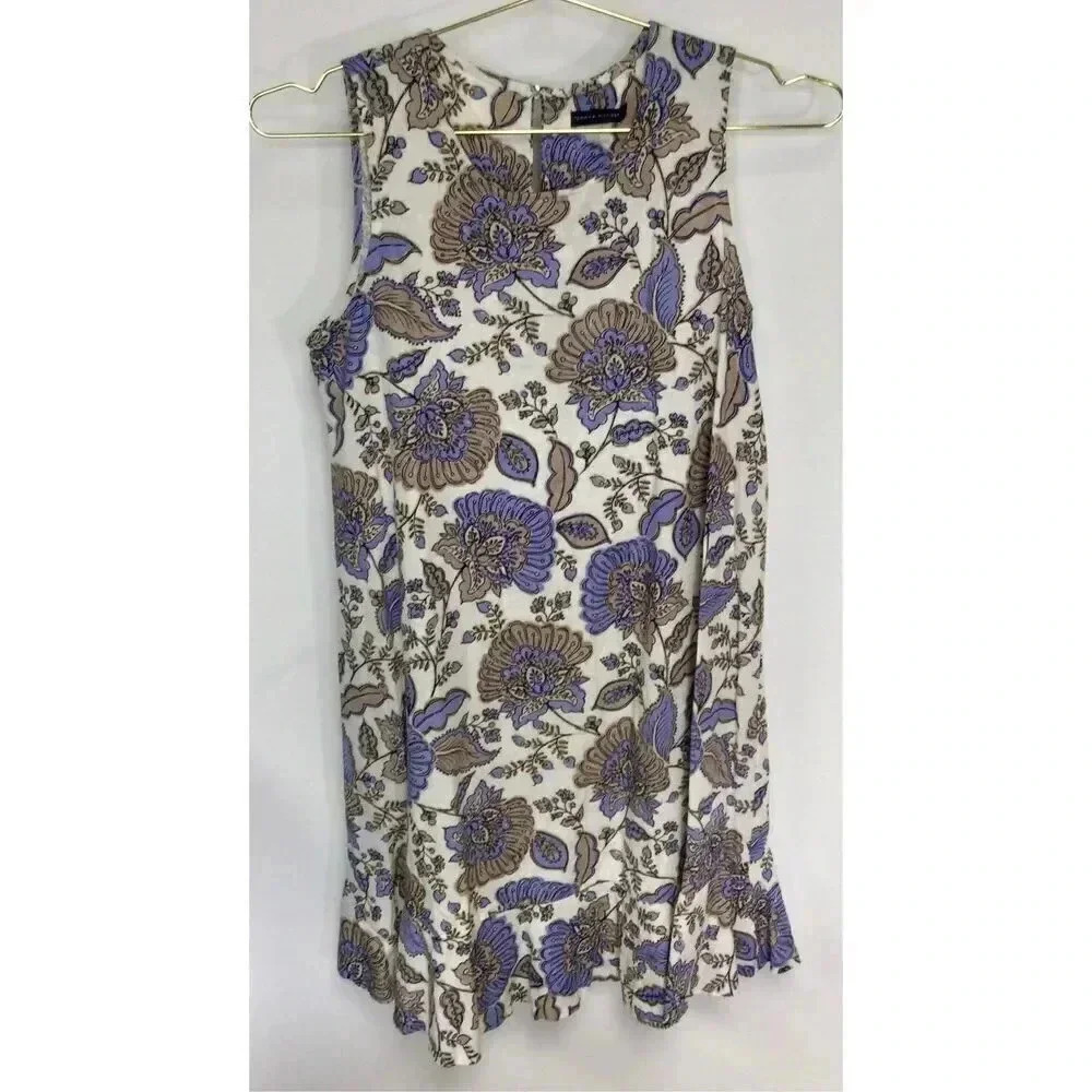 Tommy Hilfiger Womens Blue White Sleeveless Floral Tank Linen Blend Dress Size 4
